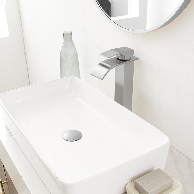 Modern Single Hole Faucet for Vessel Sink - Brushed Gold Waterfall Bathroom Tap, Brushed Nickel