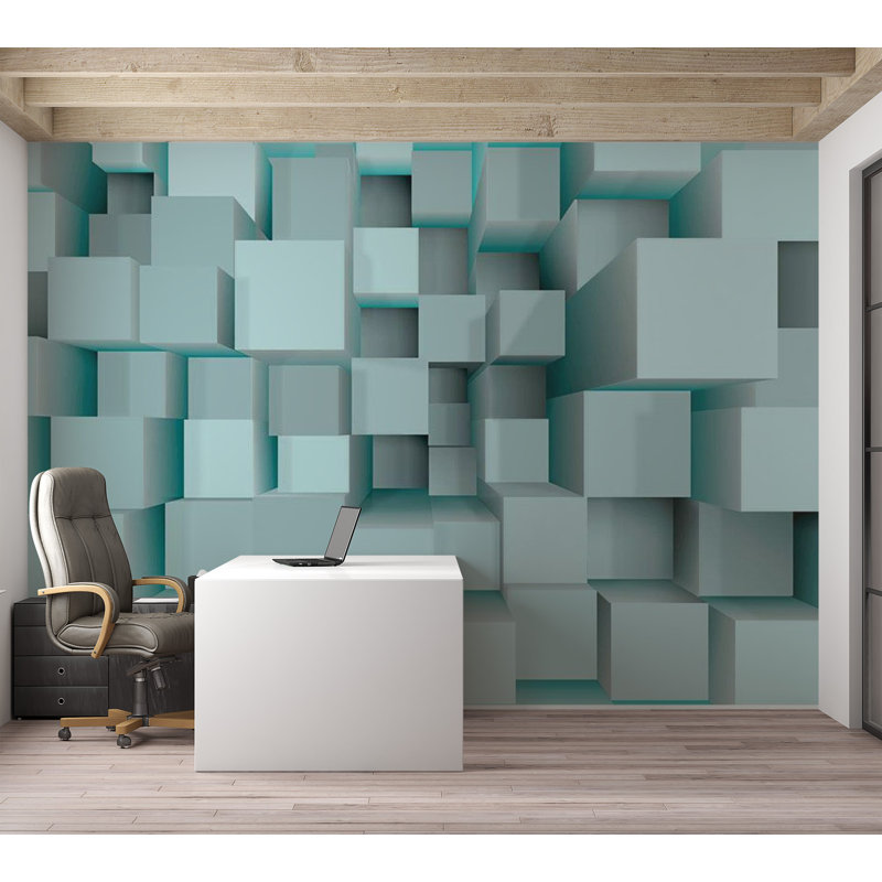 Murale blocs abstraits Ammiel 3D, L 110 po x l 157 po, Bleu, Traditional Unpasted