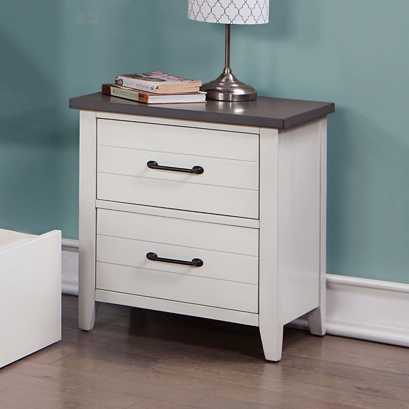 Table de chevet contemporaine en bois massif avec 2 tiroirs, plateau gris et poignée noire pour un rangement élégant dans la chambre