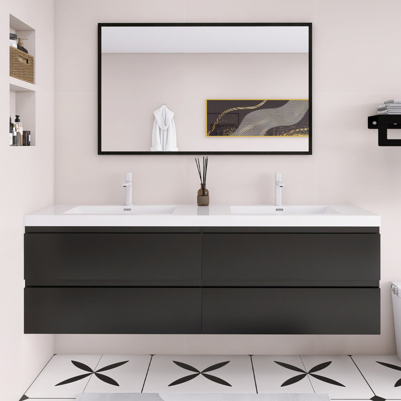 Meuble-lavabo double 72 po avec plateau en résine et 4 tiroirs à fermeture en douceur 72 po, Noir lustré