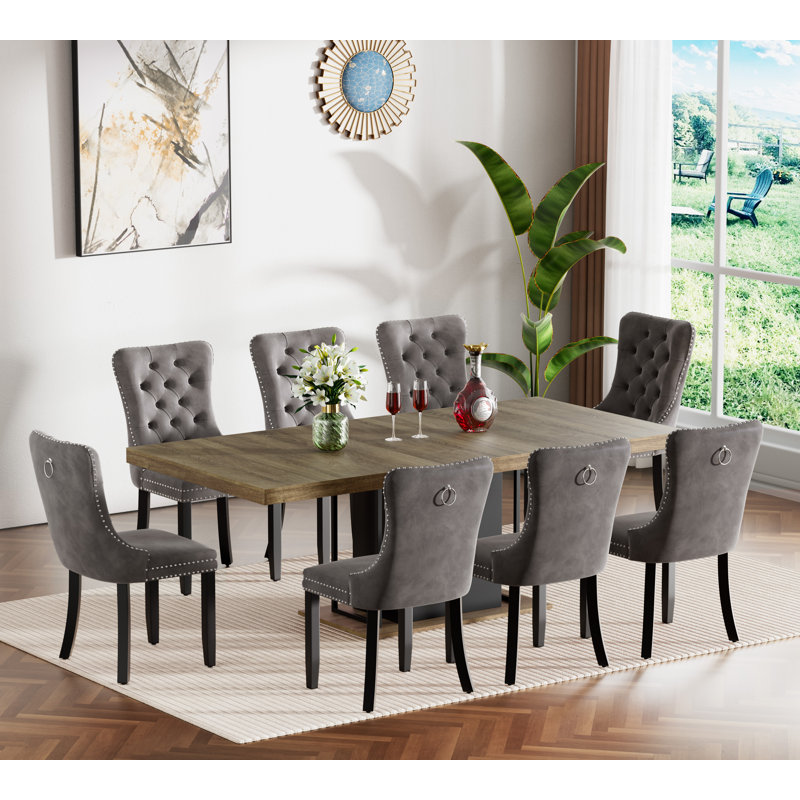 62.99" -78.74" Extendable Dining Table Set, Brown&Black Dining Room Table & Velvet Dining Chairs with Wood Leg, Rustic Kitchen Dining Table and Chairs Set, Modern Dining Table Set