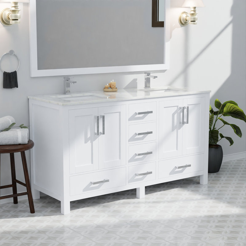 Meuble-lavabo double avec comptoir en marbre de Carrare