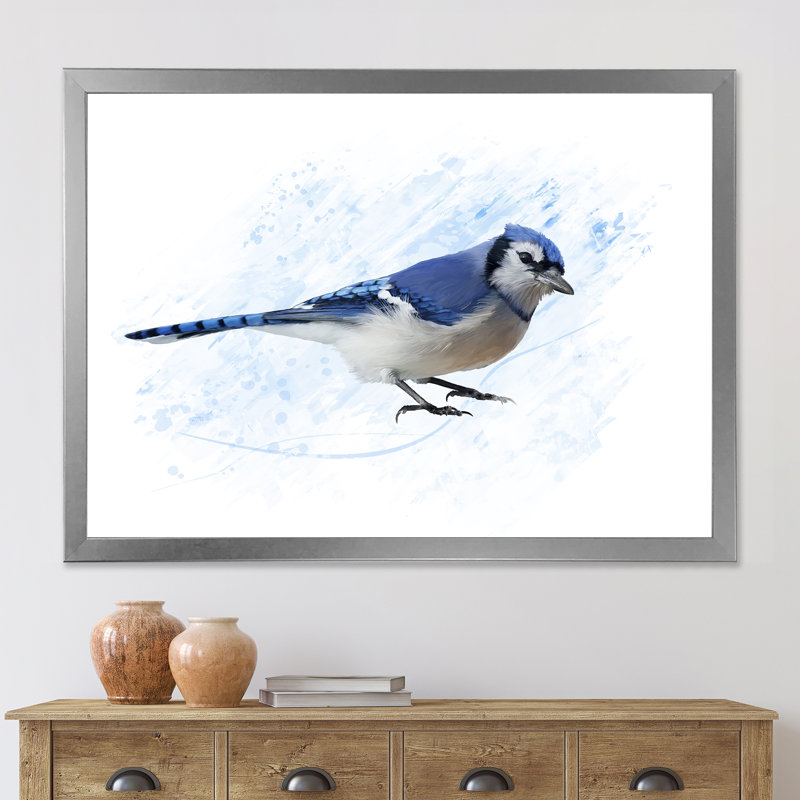 Geai bleu rétro - impression sur toile, Toile avec cadre argenté, H 30 po x l 40 po x 1,5 po