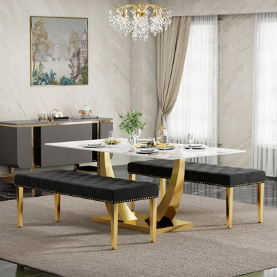 Rectangle Modern Luxtury Dining Set With Bench, Mid-Century Modern Kitchen Table And Tufted Dining Bench For Dining Room