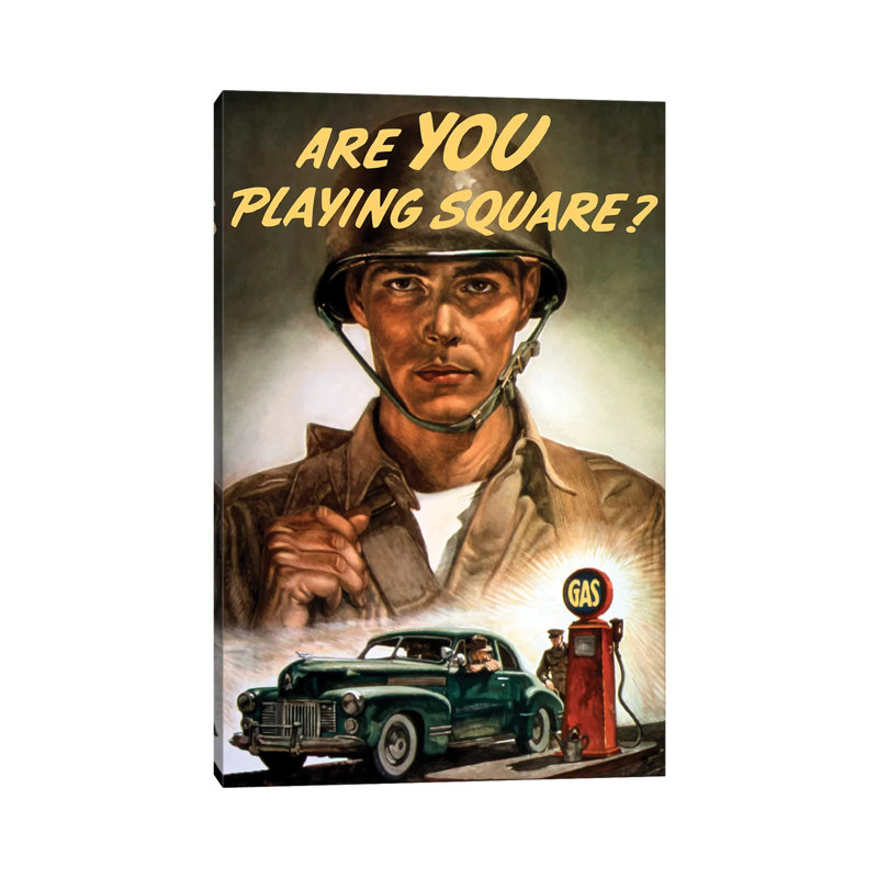 WWII Propaganda Poster Of A Soldier Overlooking A Man At The Gas Pump by Stocktrek Images - Wrapped Canvas Print