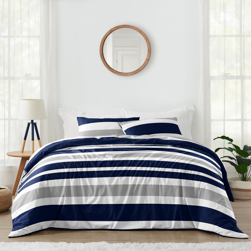 Ensemble d'édredon à rayures, Gris / bleu marine, Édredon double / grand + 2 taies décoratives sta