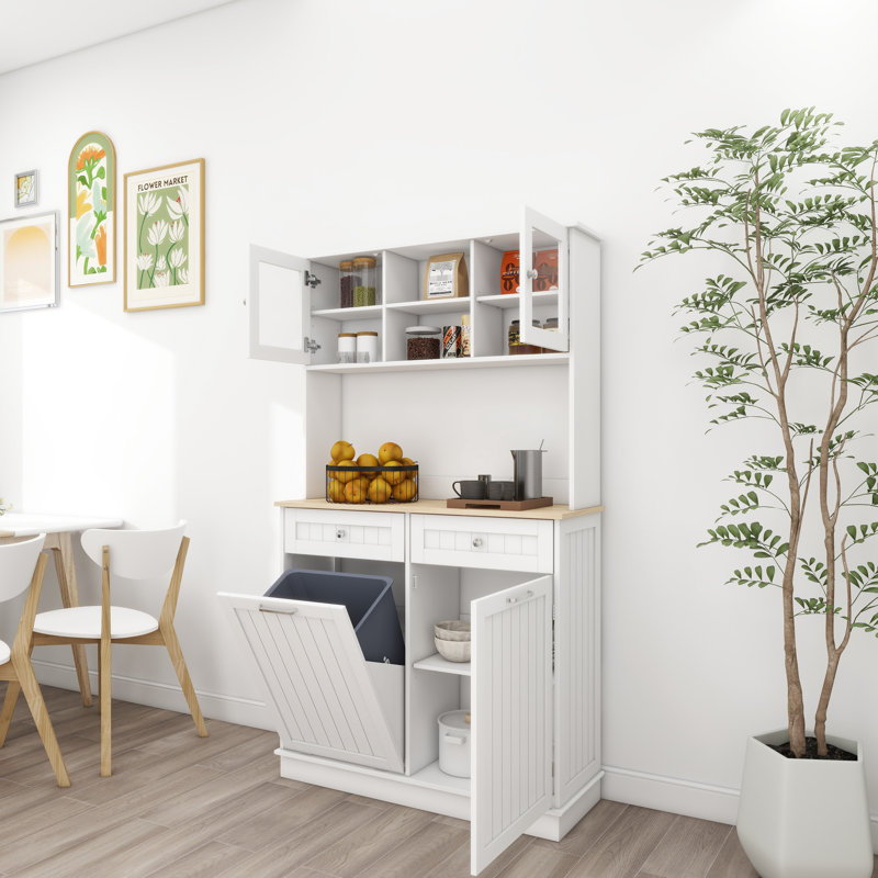 Armoire de rangement blanche de style poubelle de cuisine de 67,7 po de hauteur avec 3 tablettes réglables, 2 tiroirs et une poubelle inclinable, une poubelle haute de style moderne pour garde-robe, une salle de sport design