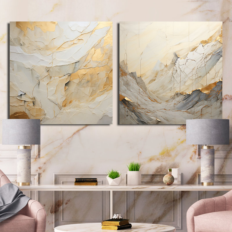 Ensemble de 2 collages carrés abstraits beiges et dorés Glacier Stone Simplicity, Toile tendue, H 36 po x l 73 po