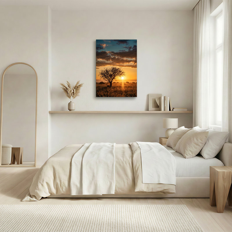 Silhouette d'art arbre sur toile, ciel coucher de soleil doré, H 36 po x l 24 po
