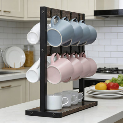 2-Tier Wooden Coffee Mug Holder Stand With 16 Hooks, Countertop Mug Tree Rack For Kitchen Cup Storage And Display