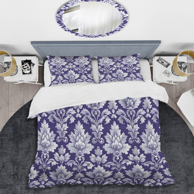 Ensemble de housse de couette mauve à motif damassé blanc II - Glam, Housse de couette très grand + 2 taies décorativ