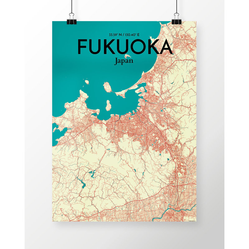 « fukuoka city map », reproduction d’impression sur affiche en couleur, H 17 po x l 11 po