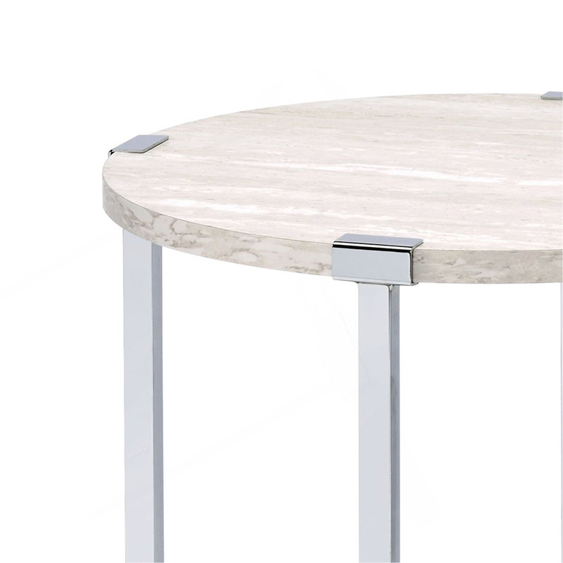Table de bout ronde avec support en forme de X, chêne blanc et chrome