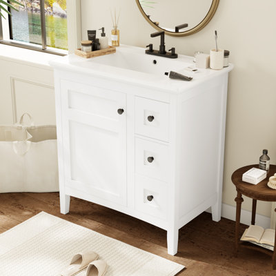 Meuble-lavabo moderne de 30 po avec lavabo en céramique, salle de bain blanche avec 3 tiroirs, armoire de rangement moderne en bois massif, idéale pour la maison