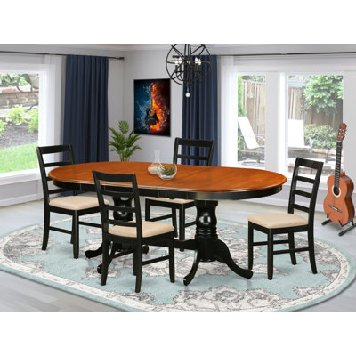 L'ensemble de table de cuisine 5 pièces pour 4 personnes comprend une table de salle à manger ovale avec rallonge papillon et 4 chaises rembourrées en tissu de lin, noir et cerise