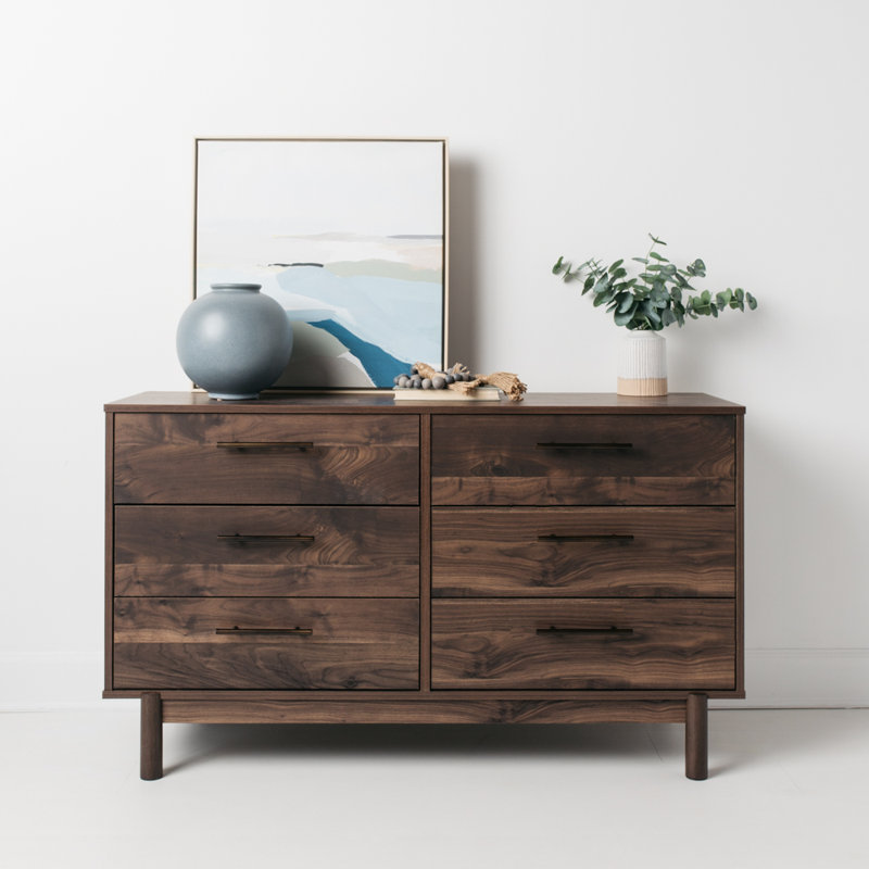 Dark Brown 6-Drawer Walnut Wood Dresser with Goldtone Handles