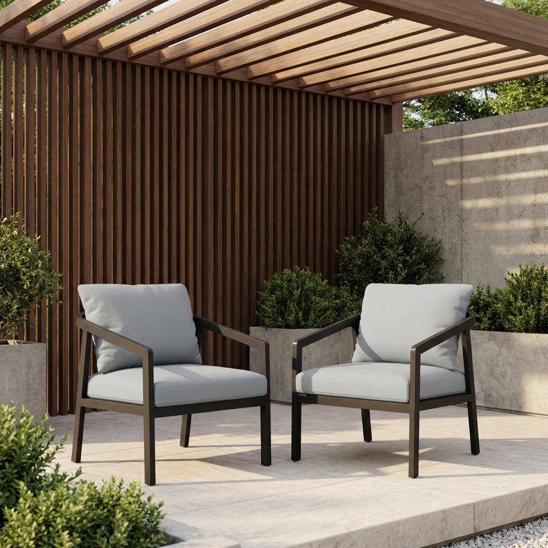 Black Aluminum Outdoor Patio Armchair Set of 2 with Cushions, Gray, Black