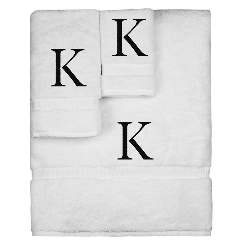 Ensemble de serviettes monogrammées - ensemble de 3 - lettre-bloc, K, Blanc / noir