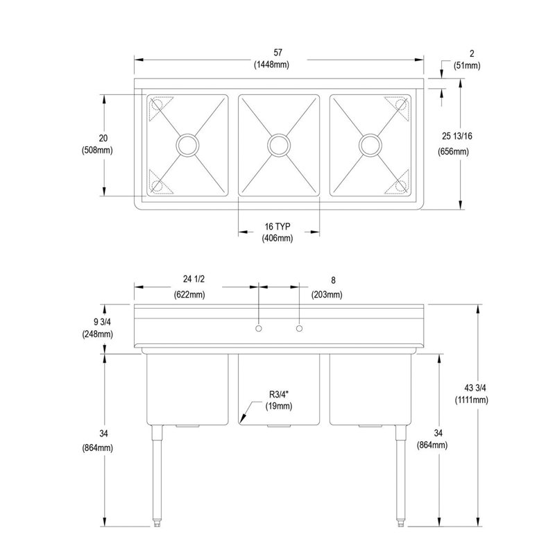 Évier de service autoportant L 57 po x l 25,81 po Dependabilt