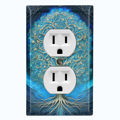 Tree Of Life Wood Flower Blue Nature Themed 1 - Gang Duplex Outlet Standard Wall Plate