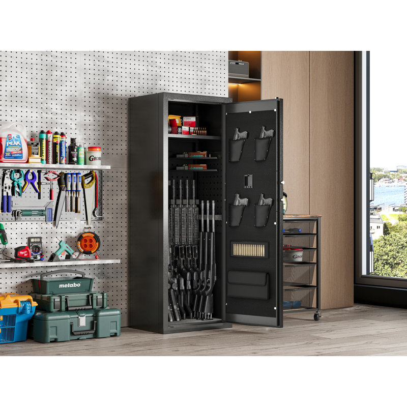 Armoire à fusil biométrique 12-16 po, coffre-fort à fusil biométrique avec clavier numérique et tablette amovible, armoire à grande capacité pour la maison (non assemblée)
