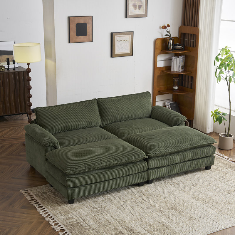 Shugar 90" W Corduroy Modular Sofa with Two Ottomans, Green