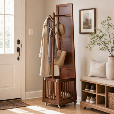 Porte-manteau roulant en bois massif avec miroir et panier de rangement, porte-manteau mobile pour entrée