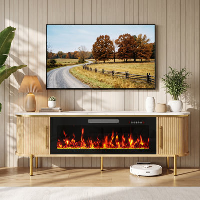 70″ Fluted Fireplace TV Stand, Mid Century Modern TV Stand with 40″ Electric Fireplace for TVs Up to 80", Wooden Curved TV Console with Sliding Doors for Living Room, Oak