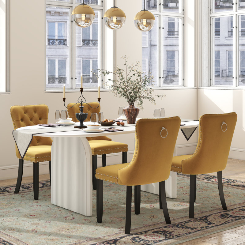 Ensemble de salle à manger Mid-Century, Blanc, 5 pièces: table, 4 chaises, Jaune
