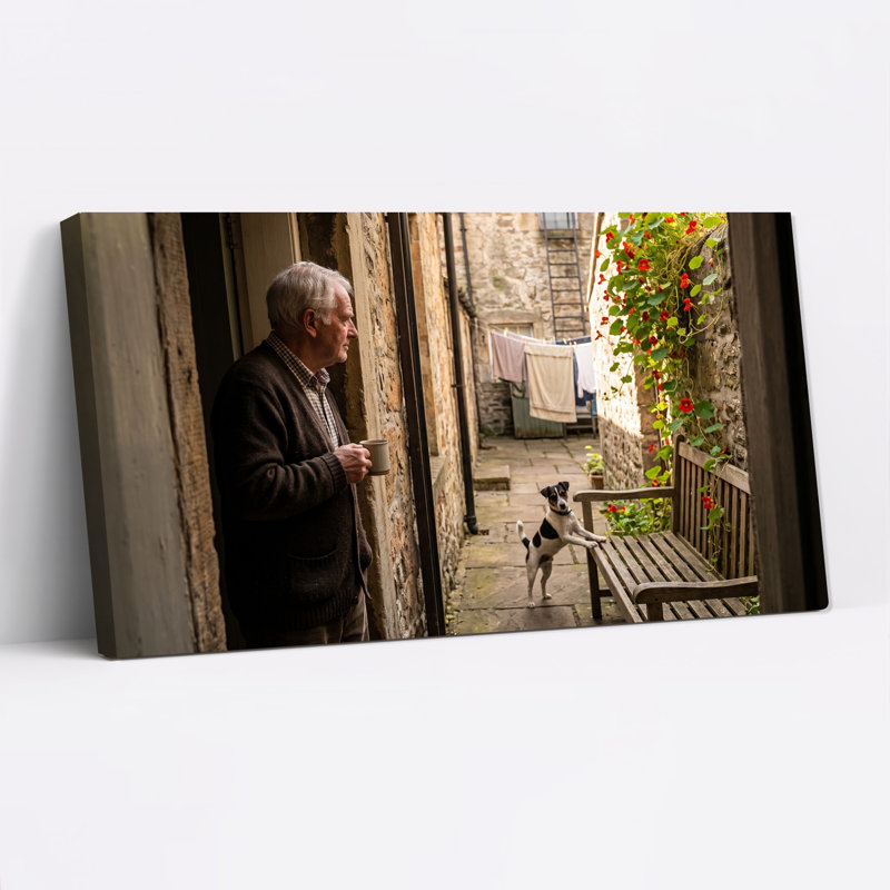 Tableau sur toile en pierre représentant un homme âgé tenant une tasse et regardant un chien sauter sur un banc.