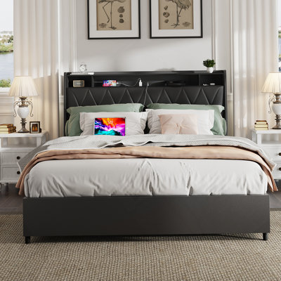 Base de lit double, tête de lit ergonomique, plateforme, prises, chargeur, tablette de rangement