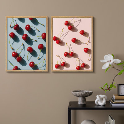 «Modern Cherry Fruit», ensemble de 2 reproductions d'art mural - Cerises sur fond pastel, décor de cuisine ou de salle à manger 2 pièces