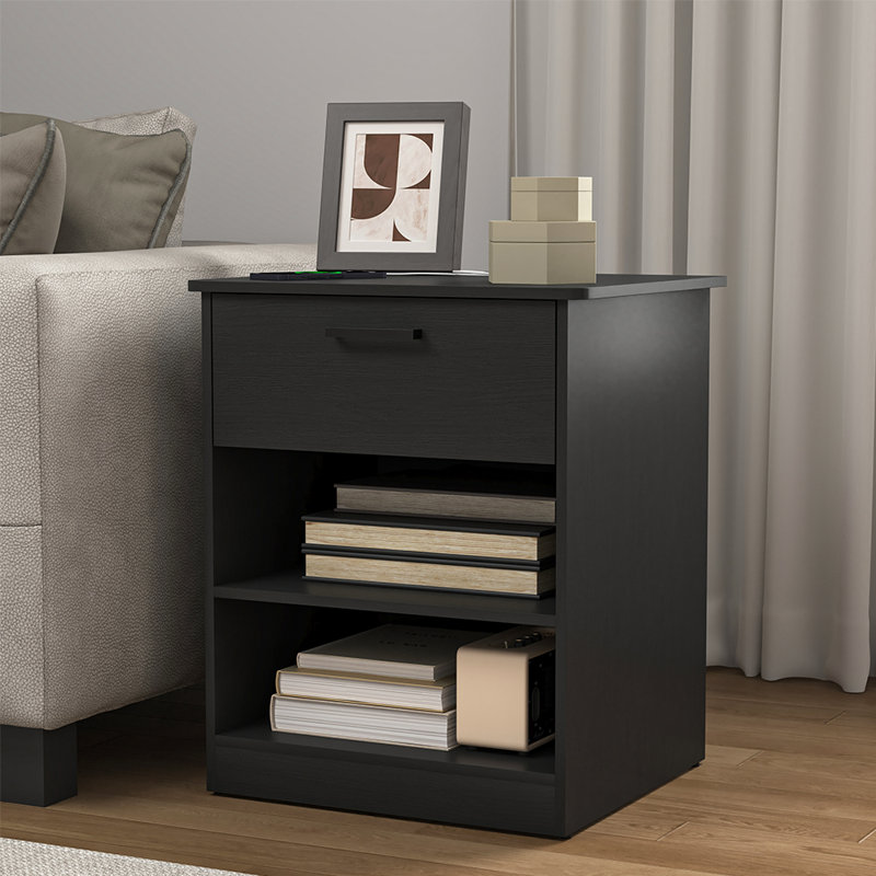 Table de chevet en bois avec 1 tiroir et tablettes, table de bout pour la chambre à coucher, Noir