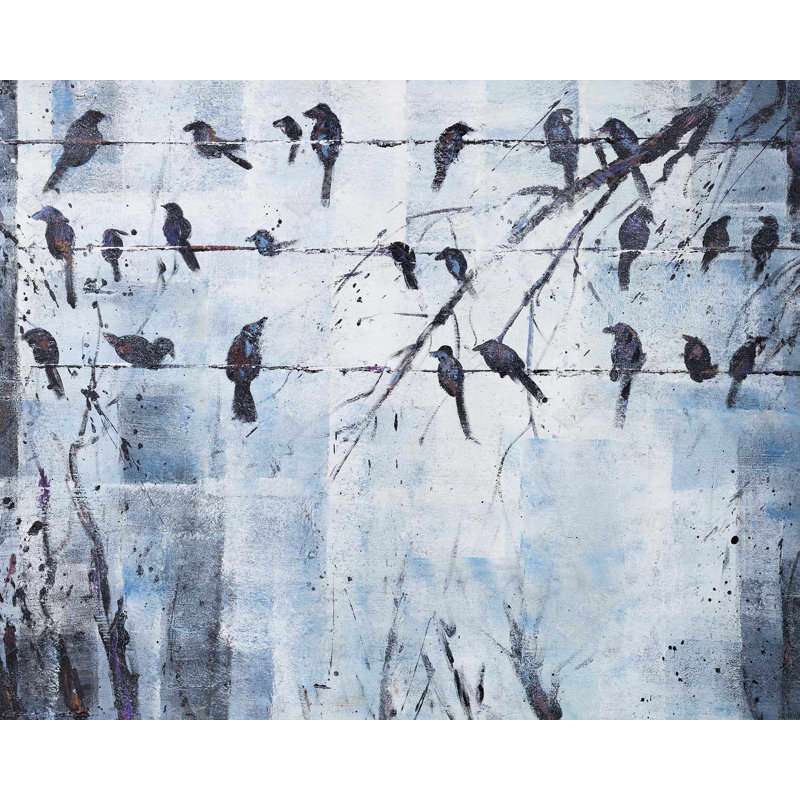 Oiseaux abstraits sur fil électrique - Toile encadrée bleue moderne, H 49,25 po x l 61,25 po