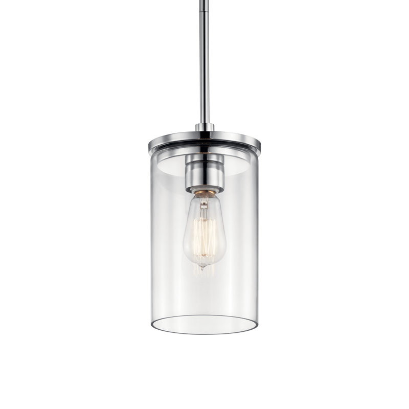 Luminaire suspendu chromé simple à 1 lumière Crosby avec abat-jour en verre transparent, Chrome