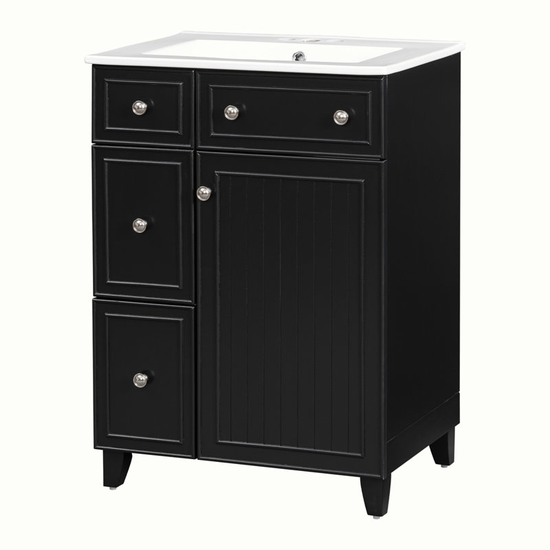 Bathroom Vanity Cabinet with Ceramic Sink and 2 Drawers, Silver, Black
