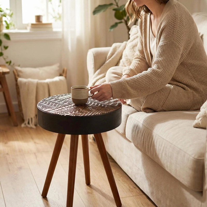 Table basse ronde de 15,7 pouces, style Mid-Century moderne, style multi-coordonnées, convient aux petits espaces, facile à nettoyer, noir et brun, style scandinave compact
