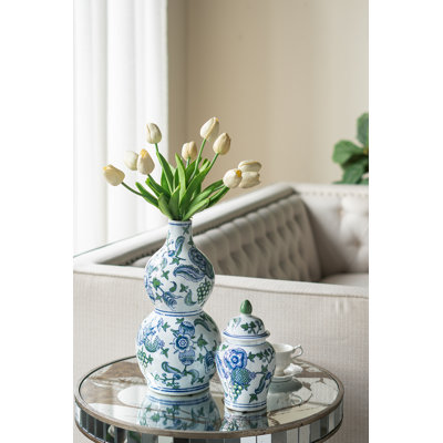 Vase en porcelaine à double gourde avec motifs de cerisiers en fleurs - 7 po de diamètre x 13,5 po - bleu / vert / blanc