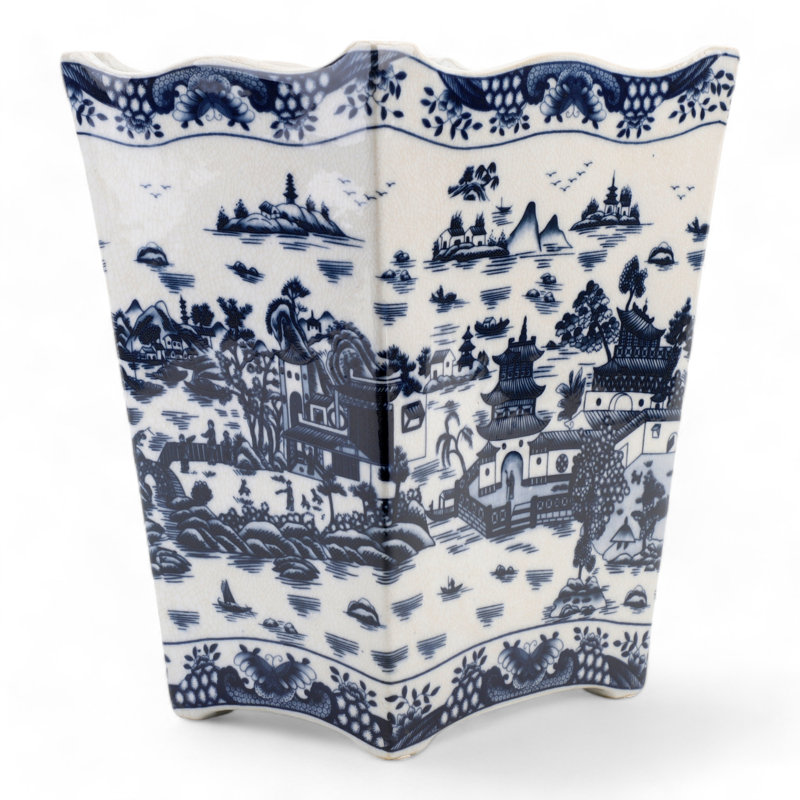 Poubelle en porcelaine bleue / blanche