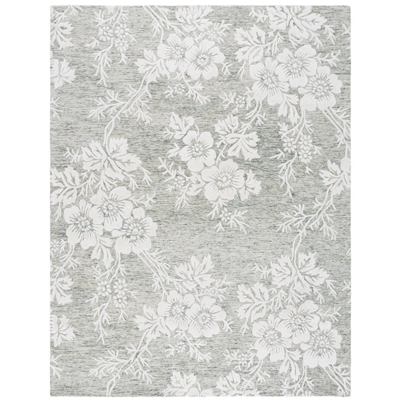 Tapis floral vert / ivoire en laine / coton / viscose touffeté à la main Glamour 151, Rectangle 8 pi x 10 pi