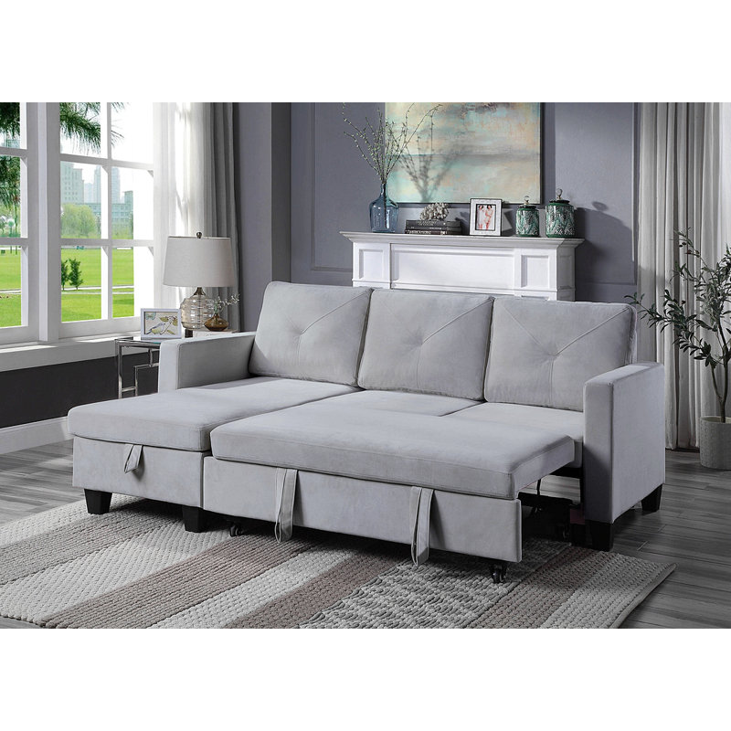 82.5" Velvet Reversible Sleeper Sectional Sofa With Storage Chaise, Light Gray