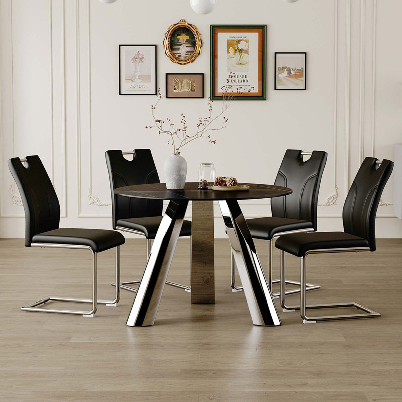 Table de salle à manger 42 po, 5, Blanc, Noir / argenté