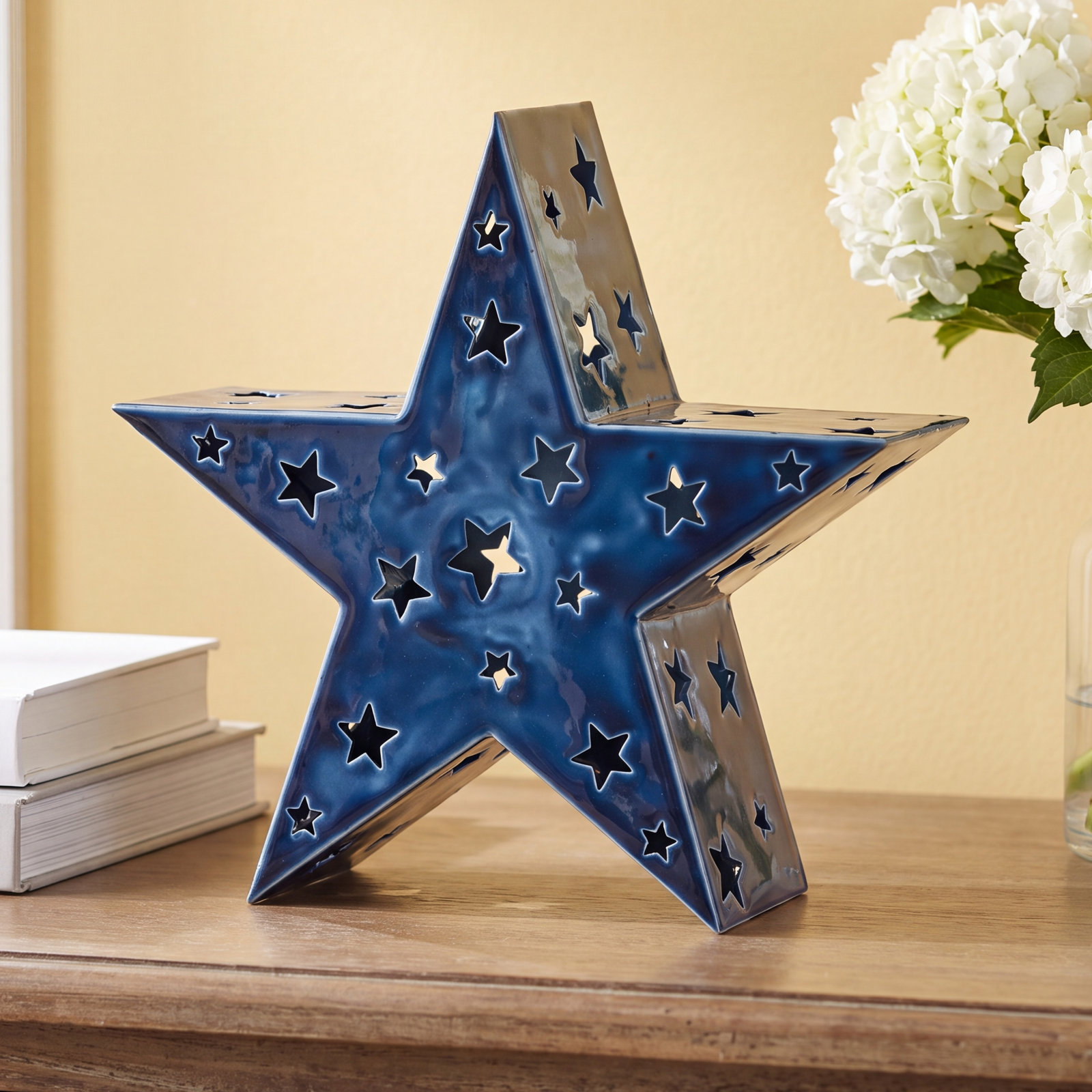 Enamel Star Led Tealight Candle Holder Large Iron Everyday, 11.5" H x 4" W x 12" D, Blue