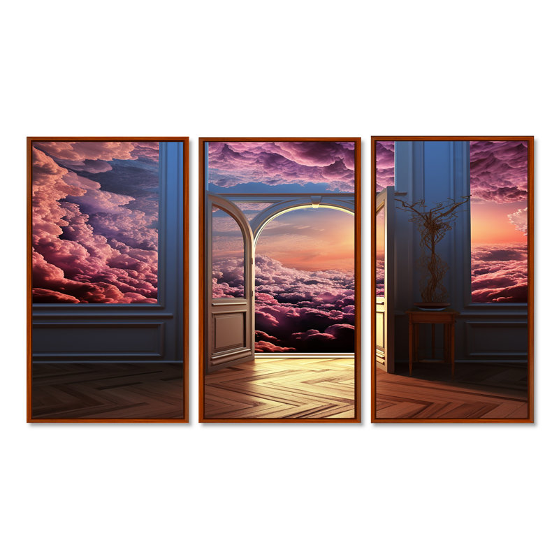 Mayron - Ensemble d'art mural nuages, Cadre flottant brun, H 40 po x l 60 po x P 1 po
