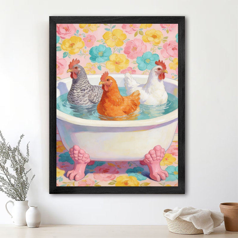 Reproduction d'art encadré noir avec poulets rétro qui trempent dans la baignoire, H 17 po x l 13 po