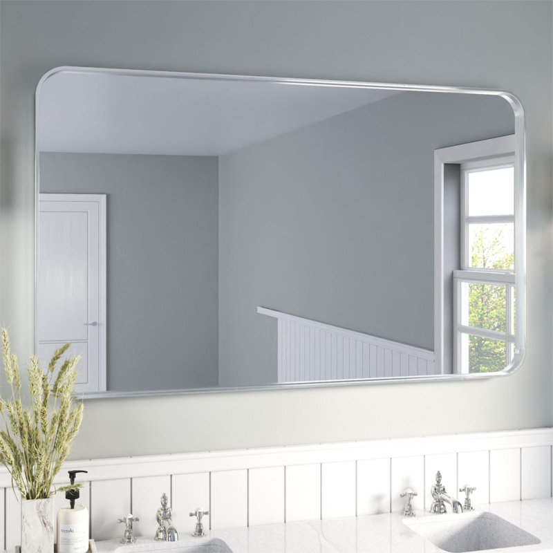 Élégant miroir encadré en aluminium avec coin arrondi pour une décoration intérieure élégante, Argent argent, 60 po x 36 po