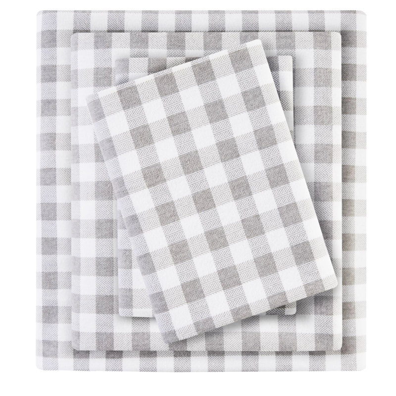Drap-housse simple 3 pièces, à carreaux gris à chevrons, 100% flanelle de coton, ultra doux, confortable, drap plat, taies d'oreiller ajustées, lavable à la machine, à la main, lavable