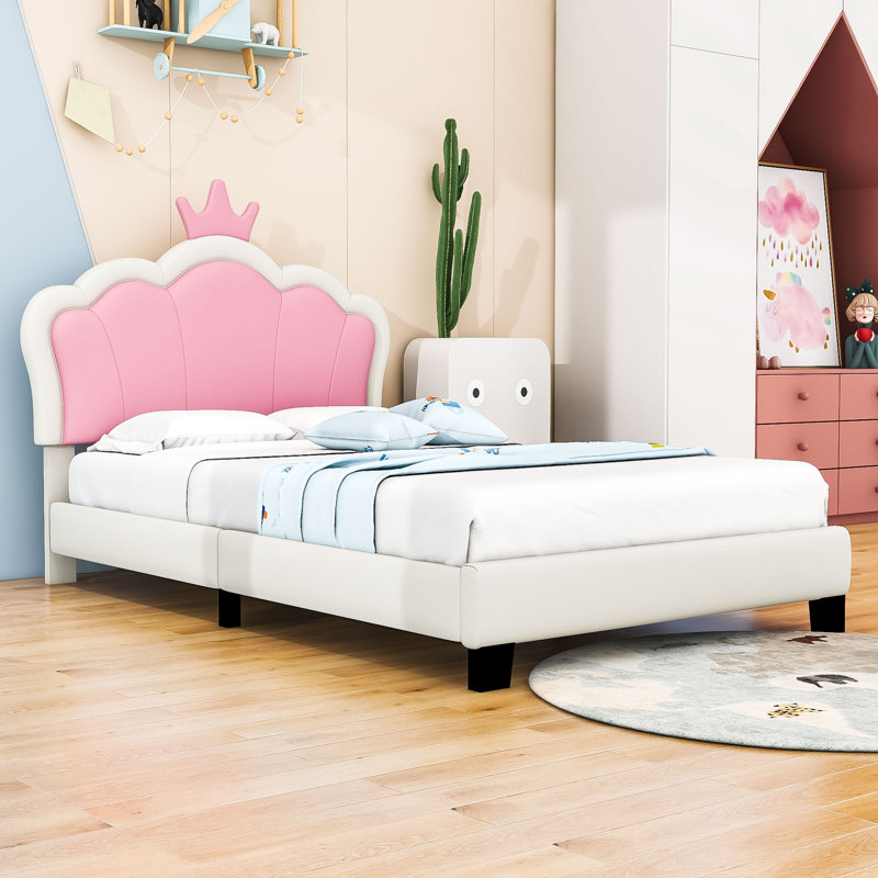 Upholstered Platform Bed With Crown Headboard, Twin, Pink/White