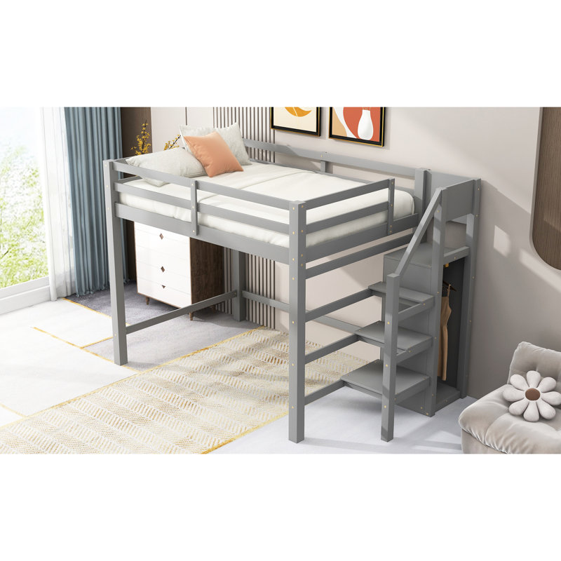 Full Size Loft Bed With Grey Built-in Storage And Mounting Facilities - Bedroom Asset Multi-purpose Stairs Space, Grey