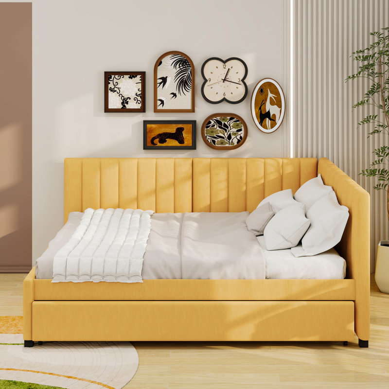 A Full-Sized Upholstered Daybed Incorporating A Built-In Trundle Bed, Yellow